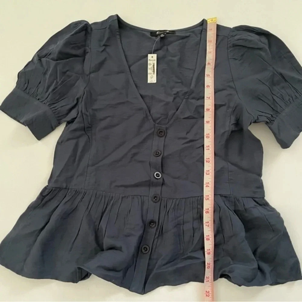 New Madewell Drapeweave Puff-Sleeve Peplum Top XS Dark Baltic